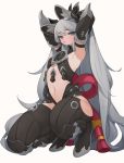  1girl animal_ears armpits arms_up black_footwear black_legwear blue_eyes blush breasts eyebrows_visible_through_hair gauntlets grey_hair hair_between_eyes highres long_hair navel original parted_lips rabbit_(wlsdnjs950) simple_background solo squatting white_background 