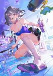  1girl black_hair bottle breasts cleavage collar insecticide lalil-le open_mouth original perfume_bottle purple_eyes sandals short_hair short_shorts shorts socks star 
