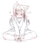  2017 3_toes 4_fingers anthro barefoot blush bottomwear breasts clothing feet female fingers hair hi_res japanese_text kemono long_hair looking_at_viewer mammal pawpads paws silinder simple_background sitting skirt solo sweater text toes topwear white_background シリンダ 