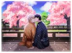  2boys artist_name black_hair blue_sky brown_eyes cardcaptor_sakura cherry_blossoms cloud day glasses heavenlove japanese_clothes kimono kinomoto_touya kiss male_focus multiple_boys outdoors sitting sky tsukishiro_yukito 