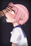  1boy 1girl absurdres ahoge black_background blush breath chiden eyebrows_visible_through_hair from_side gradient gradient_background highres looking_up nonohara_yuzuko open_mouth penis penis_on_face pink_eyes pink_hair school_uniform shiny shiny_hair shiny_skin shirt short_hair short_sleeves simple_background smile tongue tongue_out white_shirt yuyushiki 