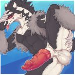  1:1 2019 abs animal_genitalia animal_penis anthro balls black_fur blush bodily_fluids canine_penis cheath drooling erection fur grey_fur hi_res knot looking_at_viewer male mammal mustelid nintendo nude obstagoon penis pok&eacute;mon pok&eacute;mon_(species) red_eyes saliva sheath solo spread_legs spreading tongue tongue_out video_games white_fur zackary911 