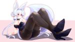 1girl amino_dopple animal_ear_fluff animal_ears arm_support black_legwear blush bow bowtie breasts cleavage crossed_ankles detached_collar extra_ears facial_mark fox_ears fox_tail hair_bun hair_intakes large_breasts legs long_hair original pantyhose pink_eyes pointy_ears reclining sidelocks silver_hair simple_background solo tail 