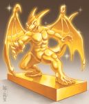  2017 abs absurd_res anthro dragon glistening gold_(metal) hanagasa hi_res male metal muscular muscular_male pecs petrification sculpture solo statue wings 