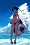  1girl absurdres alternate_costume bikini black_hair blue_sky blush breasts cloud full_body gradient_sky grey_eyes hair_between_eyes highres kantai_collection lifebuoy long_hair mikuma_(kantai_collection) navel neve ocean open_mouth sandals sky small_breasts smile swimsuit twintails 