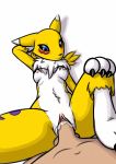  2019 absurd_res anthro anthro_penetrated balls blue_eyes blush bodily_fluids breasts canid canine claws cum cum_in_pussy cum_inside digimon digimon_(species) digiphilia digital_media_(artwork) duo female female_focus fur genital_fluids haiiromon hi_res human human_on_anthro human_penetrating human_penetrating_anthro interspecies male male/female male_on_anthro mammal nipples nude penetration penis pussy renamon sex simple_background vaginal vaginal_penetration white_fur yellow_fur 