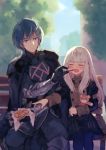  1boy 1girl armor bangs bench black_cape black_dress black_legwear blue_eyes blue_hair blush byleth_(fire_emblem) byleth_(fire_emblem)_(male) cape closed_eyes closed_mouth cookie day dress embarrassed epaulettes feeding feet_out_of_frame fire_emblem fire_emblem:_three_houses food gloves hair_ornament height_difference highres holding holding_food jacket juliet_sleeves long_hair long_sleeves lysithea_von_ordelia on_bench open_mouth outdoors outstretched_arm pantyhose park_bench pink_eyes pink_hair puffy_sleeves short_hair shuu_(fuhm7757) sidelocks simple_background sitting stuffed_animal stuffed_toy sweat teddy_bear tree uniform upper_body v-shaped_eyebrows vambraces white_hair wrapper 