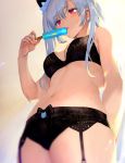  1girl arm_behind_back black_bow blush bow breasts earrings eyebrows_visible_through_hair fish food hair_between_eyes holding jewelry licking light_ray lingerie medium_hair mole namakawa navel original popsicle purple_eyes silver_hair solo standing sweat underwear 