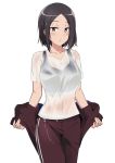  1girl black_bra black_hair blush bra breasts brown_jacket brown_pants cleavage covered_navel danberu_nan_kiro_moteru? eyebrows_visible_through_hair jacket large_breasts looking_at_viewer mole mole_under_eye open_clothes open_jacket pants rizuta see-through shirt short_hair short_sleeves solo sports_bra sweat t-shirt tachibana_satomi track_suit underwear undressing wet wet_clothes wet_shirt white_shirt yellow_eyes 