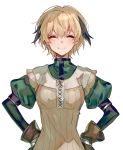  1girl blonde_hair chocoan closed_eyes facing_viewer fate/grand_order fate_(series) gareth_(fate/grand_order) hands_on_hips short_hair simple_background solo upper_body white_background 