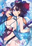  1girl ;d arm_behind_head arm_up armpits bare_shoulders belt bikini black_flower black_hair blue_eyes blurry blush bracelet breasts cleavage collarbone commentary_request cowboy_shot depth_of_field fate/grand_order fate_(series) floral_print flower goggles goggles_on_head hair_flower hair_ornament head_tilt highres holding jewelry katsushika_hokusai_(swimsuit_saber)_(fate) kirie_nozomi long_hair looking_at_viewer low_twintails medium_breasts navel one_eye_closed open_mouth smile solo swimsuit towel twintails v-shaped_eyebrows water white_bikini wristband 