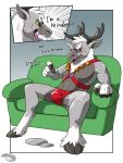 2017 aji bell bulge capreoline cervid clothing comic dialogue eyewear glasses hi_res hooves horn male mammal mind_control post_transformation red_eyes reindeer ringed_eyes rubber sitting sofa solo text thong 