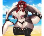  anthro beach big_breasts breasts clothing female fingerless_gloves fish gloves handwear hi_res huge_breasts legwear looking_at_viewer marine mixideer nipple_piercing nipples outside piercing seaside shark slightly_chubby solo thick_thighs thigh_highs tongue tongue_out underwear voluptuous 