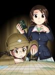  2girls bangs black_hair blue_jacket braid brown_eyes brown_hair brown_headwear brown_jacket chi-hatan_military_uniform closed_mouth elbow_rest eyebrows_visible_through_hat frown fukuda_(girls_und_panzer) girls_und_panzer glasses green_shirt ground_vehicle helmet holding insignia jacket long_hair long_sleeves looking_at_viewer m3_lee map military military_uniform military_vehicle model_tank motor_vehicle multiple_girls ooarai_military_uniform open_mouth parted_bangs pleated_skirt round_eyewear sawa_azusa shirt short_hair skirt standing sutahiro_(donta) tank twin_braids twintails type_95_ha-gou uniform white_skirt 