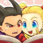  ! 1boy 1girl :d :o ? black_hair blonde_hair blue_eyes book cheek-to-cheek cheek_press close-up dragon_quest dragon_quest_builders_2 earrings female_builder_(dqb2) gloves hoop_earrings ichi_(yyy1mmm6) jewelry open_mouth pink_background reading red_eyes red_gloves sharp_teeth sidoh_(dqb2) simple_background smile spiked_hair teeth twintails upper_body yellow_gloves 
