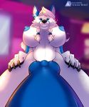  2019 anthro areola blue_eyes blue_nipples blue_penis breasts canid canine canis claws digital_media_(artwork) domestic_dog erection first_person_view fur gynomorph hair hands_on_hips hi_res intersex knot looking_at_viewer mammal nipple_piercing nipples nude penis piercing senka-bekic smile solo submissive submissive_pov white_fur white_hair 