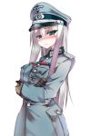  1girl blush crossed_arms hat looking_at_viewer military military_hat military_uniform original peaked_cap samazuka_mashiro silver_hair solo uniform wehrmacht white_background 