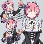  1girl :d blue_ribbon detached_sleeves dingdaydream earmuffs fist_pump hair_ornament hair_over_one_eye hair_ribbon index_finger_raised long_sleeves maid multiple_views open_mouth pink_hair pointing puffy_long_sleeves puffy_sleeves ram_(re:zero) re:zero_kara_hajimeru_isekai_seikatsu red_eyes ribbon short_hair simple_background smile star star-shaped_pupils symbol-shaped_pupils underbust x_hair_ornament 