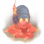  commentary_request fire gen_2_pokemon highres jampen looking_at_viewer magcargo molten_rock no_humans pokemon pokemon_(creature) rock snail solo yellow_eyes 