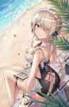 1girl aliceblue alternate_costume artist_name ass bare_arms beach black_swimsuit blonde_hair blurry blush book breasts brown_hair cleavage cooler day depth_of_field detached_collar eyes_visible_through_hair food frills hair_over_one_eye highres honkai_(series) honkai_impact_3rd ice_cream large_breasts legs_together long_hair looking_at_viewer looking_back maid_headdress mole mole_under_eye ocean one-piece_swimsuit open_book outdoors parted_lips red_eyes rita_rossweisse sand shadow short_hair sitting smile solo sundae swimsuit thigh_strap wrist_cuffs 
