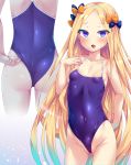  1girl abigail_williams_(fate/grand_order) adjusting_clothes adjusting_swimsuit ass ass_visible_through_thighs bare_arms bare_shoulders black_bow blonde_hair blush bow breasts collarbone competition_school_swimsuit covered_nipples cowboy_shot eyebrows_visible_through_hair fang fate/grand_order fate_(series) forehead groin hair_bow highleg highleg_swimsuit long_hair looking_at_viewer multiple_views one-piece_swimsuit open_mouth orange_bow partially_visible_vulva polka_dot polka_dot_bow purple_swimsuit small_breasts sweat swimsuit toraishi_666 very_long_hair white_background 