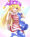  1girl ;d american_flag_dress american_flag_legwear bangs blonde_hair blue_dress blue_legwear blush breasts clownpiece commentary_request dress eyebrows_visible_through_hair fairy_wings feet_out_of_frame fingers_to_cheeks gradient gradient_background hair_between_eyes hands_up hat highres jester_cap long_hair looking_at_viewer musteflott419 neck_ruff no_shoes one_eye_closed open_mouth pink_background polka_dot polka_dot_hat purple_eyes purple_headwear red_dress red_legwear short_dress short_sleeves small_breasts smile solo star star_print striped striped_dress striped_legwear touhou very_long_hair white_background white_dress white_legwear wings 