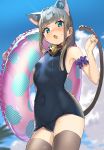  1girl :o absurdres animal_ear_fluff animal_ears arm_scrunchie armpits bangs bare_arms bare_shoulders bell blue_eyes blue_sky blue_swimsuit blunt_bangs blush breasts brown_legwear cat_ears cat_girl cat_tail cloud collar commentary_request competition_swimsuit copyright_request covered_navel cowboy_shot day eyebrows_visible_through_hair fang from_below glint grey_hair highres holding holding_innertube innertube jingle_bell kanzarin_(hoochikiss) long_hair looking_at_viewer looking_down nose_blush one-piece_swimsuit open_mouth outdoors sidelocks skin_fang sky small_breasts solo sweat swimsuit tail thighhighs water_drop 