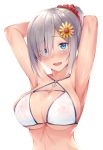  1girl :d anchor_symbol armpits arms_up bikini blue_eyes blush breasts flower fumikiri hair_flower hair_ornament hair_over_one_eye hair_scrunchie hairclip hamakaze_(kantai_collection) highres kantai_collection large_breasts looking_at_viewer open_mouth ponytail scrunchie short_hair silver_hair simple_background smile solo swimsuit upper_body wet wet_clothes white_background white_bikini 