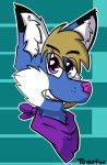  2018 bandanna benji_silver black_hair blue_fur brown_fur brown_hair brows canid canine cheek_(marking) chest_tuft digital_media_(artwork) fox fur hair hi_res male mammal markings multicolored_fur pink_nose purple_eyes simple_background smile solo tomofox tuft white_fur 