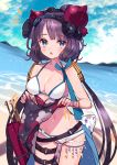  1girl :o bangle bare_shoulders beach belt bikini blue_eyes blush bracelet breasts cleavage cloud cloudy_sky collarbone commentary_request cowboy_shot day fate/grand_order fate_(series) floral_print hair_ornament halter_top halterneck highres jewelry katsushika_hokusai_(fate/grand_order) katsushika_hokusai_(swimsuit_saber)_(fate) long_hair looking_at_viewer low_twintails medium_breasts notice_lines ocean outdoors parted_lips purple_hair sky solo swimsuit toshi_gahara twintails very_long_hair water wet white_bikini 