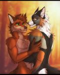  anthro canid canine chest_tuft duo embrace forest fur hair hi_res male male/male mammal nude smile standing tree tuft zumjakal 