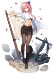  1girl anchor belt black_footwear black_shorts blue_bow boots bow burn_scar chain flag frown full_body highres long_hair long_sleeves midriff navel original outstretched_hand pantyhose pink_hair risem scar shirt shorts simple_background standing white_background white_shirt 