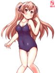  1girl alternate_costume artist_logo ass_visible_through_thighs blue_swimsuit breasts brown_eyes cleavage collarbone commentary_request competition_school_swimsuit covered_navel cowboy_shot dated hair_ornament highres johnston_(kantai_collection) kanon_(kurogane_knights) kantai_collection knees_together light_brown_hair long_hair looking_at_viewer medium_breasts school_swimsuit simple_background solo swimsuit thigh_gap two_side_up white_background 