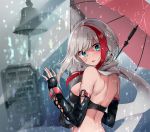  1girl :o admiral_graf_spee_(azur_lane) azur_lane back bandeau bare_shoulders black_gloves blue_eyes blurry bokeh breasts depth_of_field earrings elbow_gloves fingerless_gloves gloves hand_up holding holding_umbrella jewelry looking_at_viewer looking_back medium_breasts midriff multicolored_hair oshishio parted_lips rain red_hair scarf short_hair shoulder_blades solo streaked_hair umbrella upper_body water wet 