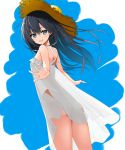  1girl :d asashio_(kantai_collection) ass bare_shoulders black_hair blue_eyes breasts dress from_below from_side hair_between_eyes hat highres kantai_collection kuronaga long_hair looking_at_viewer open_mouth small_breasts smile solo straw_hat white_dress 