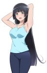  1girl armpits arms_behind_head bangs black_hair black_legwear blue_eyes blue_shirt blunt_bangs blush breasts danberu_nan_kiro_moteru? eyebrows_visible_through_hair hime_cut leggings long_hair looking_at_viewer medium_breasts no_bra open_mouth rizuta shirt smile solo souryuuin_akemi tank_top very_long_hair white_background 