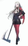  1girl axe blonde_hair blue_eyes cape cravat edelgard_von_hresvelg fire_emblem fire_emblem:_three_houses gloves hair_ornament hair_ribbon highres long_hair looking_at_viewer pantyhose pen_(steelleets) red_cape ribbon simple_background solo uniform weapon white_background 