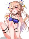  1girl bikini blue_bikini breasts brown_eyes chigasaki_y cleavage collarbone commentary_request detached_collar fang feet_out_of_frame food hair_ribbon highres ice_cream johnston_(kantai_collection) kantai_collection light_brown_hair long_hair looking_at_viewer medium_breasts open_mouth ribbon simple_background sitting solo star swimsuit two_side_up white_background 
