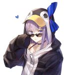  1girl :p animal_costume blue_eyes choker fate/extra fate/extra_ccc fate/grand_order fate_(series) hair_ribbon heart hood hood_up hoodie kim_eb long_hair meltryllis penguin_costume purple_hair ribbon simple_background sleeves_past_wrists solo sunglasses tongue tongue_out upper_body white_background 