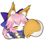  1girl animal_ear_fluff animal_ears blue_kimono fate/extella fate/extra fate/extra_ccc fate/grand_order fate_(series) fox_ears fox_girl fox_tail japanese_clothes kimono long_hair looking_at_viewer lying nepsuka_(hachisuka) on_side one_eye_closed pink_hair simple_background solo tail tamamo_(fate)_(all) tamamo_no_mae_(fate) white_background yellow_eyes 
