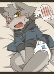  2013 anthro bedding blush bodily_fluids canid canine canis covering covering_crotch diaper embarrassed hi_res male mammal open_mouth satsuki_rabbit solo tears wolf 