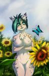  2017 anthro areola arthropod blep breasts butterfly chest_tuft cotopes day digital_media_(artwork) felid feline female flower fur green_eyes green_hair hair inner_ear_fluff insect lepidopteran looking_at_viewer lynx mammal nipples nude outside pinup plant pose pussy sky spots spotted_fur sunflower tongue tongue_out tuft 