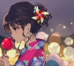  1girl bangs blurry blurry_background brown_hair candy_apple earrings eyebrows_visible_through_hair eyes_visible_through_hair festival food from_side gin_(oyoyo) grey_eyes hair_ornament holding holding_food japanese_clothes jewelry kimono light_particles looking_to_the_side original pinwheel pinwheel_hair_ornament ponytail portrait short_ponytail sidelocks twitter_username watermark wavy_hair yukata 