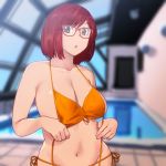  1girl bangs bikini blurry blurry_background breasts cleavage commentary depth_of_field eyebrows_visible_through_hair glasses indoors large_breasts looking_at_viewer navel onsen_tamago_(hs_egg) orange_bikini original parted_lips pool red-framed_eyewear red_eyes red_hair side-tie_bikini solo standing swept_bangs swimsuit taeko_(onsen_tamago) untied untied_bikini upper_body 