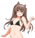  1girl absurdres animal_ears bangs bare_arms bare_shoulders bikini_top black_bikini_top blush boxreeema breasts brown_hair cat_ears cat_girl collarbone commentary_request eyebrows_visible_through_hair girls_frontline hair_ornament hair_over_shoulder head_tilt highres kemonomimi_mode long_hair navel open_mouth parted_lips paw_pose ponytail scar scar_across_eye shaded_face side_ponytail simple_background small_breasts smile solo stomach string_bikini ump45_(girls_frontline) unaligned_breasts upper_body white_background yellow_eyes 