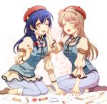  2girls bangs barrette blue_hair braid brown_hair closed_eyes commentary_request crayon drawing hair_between_eyes hair_ornament hairclip hand_on_another&#039;s_face happy hat heru_(totoben) long_hair looking_at_another love_live! love_live!_school_idol_festival love_live!_school_idol_project minami_kotori multiple_girls one_eye_closed open_mouth paper sitting smile sonoda_umi yellow_eyes 