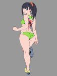  1girl :o ass back bangs black_hair blue_eyes blunt_bangs cleats clenched_hands commentary crop_top from_behind full_body green_buruma green_shirt grey_background hair_ornament hair_scrunchie highres legs long_hair looking_at_viewer looking_back no_legwear onsen_tamago_(hs_egg) orange_scrunchie parted_lips scrunchie shirt shoes simple_background solo sports_bikini ssss.gridman standing standing_on_one_leg straight_hair takarada_rikka yellow_footwear 