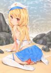  1girl agnamore bangs bare_shoulders beach blonde_hair blue_skirt blush breasts character_request commentary_request day eyebrows_visible_through_hair full_body gloves hat korean_commentary last_origin leaning_forward long_hair looking_at_viewer looking_back no_socks outdoors peaked_cap pleated_skirt red_eyes rock sand see-through shirt skirt small_breasts soles solo thighhighs very_long_hair water wet_legwear wet_thighhighs white_gloves white_headwear white_legwear white_shirt 