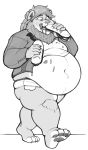  ahimsa_(artist) anthro barefoot belly big_belly bottomwear chubby_cheeks claws clothed clothing cutoffs denim denim_clothing denim_shorts eating felid food fur hi_res holding_food holding_object lion male mammal mane midriff moobs navel obese obese_male open_mouth overweight overweight_male pantherine sandwich_(food) shorts slob solo submarine_sandwich tight_clothing walking 