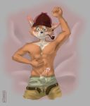  2019 abs anthro balls bed belt blush bottomwear bulge canid canine canis clothed clothing digital_media_(artwork) domestic_dog erection fur hair harzu hat headgear headwear looking_at_viewer male mammal muscular muscular_male nipples pants pecs penis sherlock_hound sherlock_hound_(series) simple_background sketch skinny smile smoking solo topless underwear 